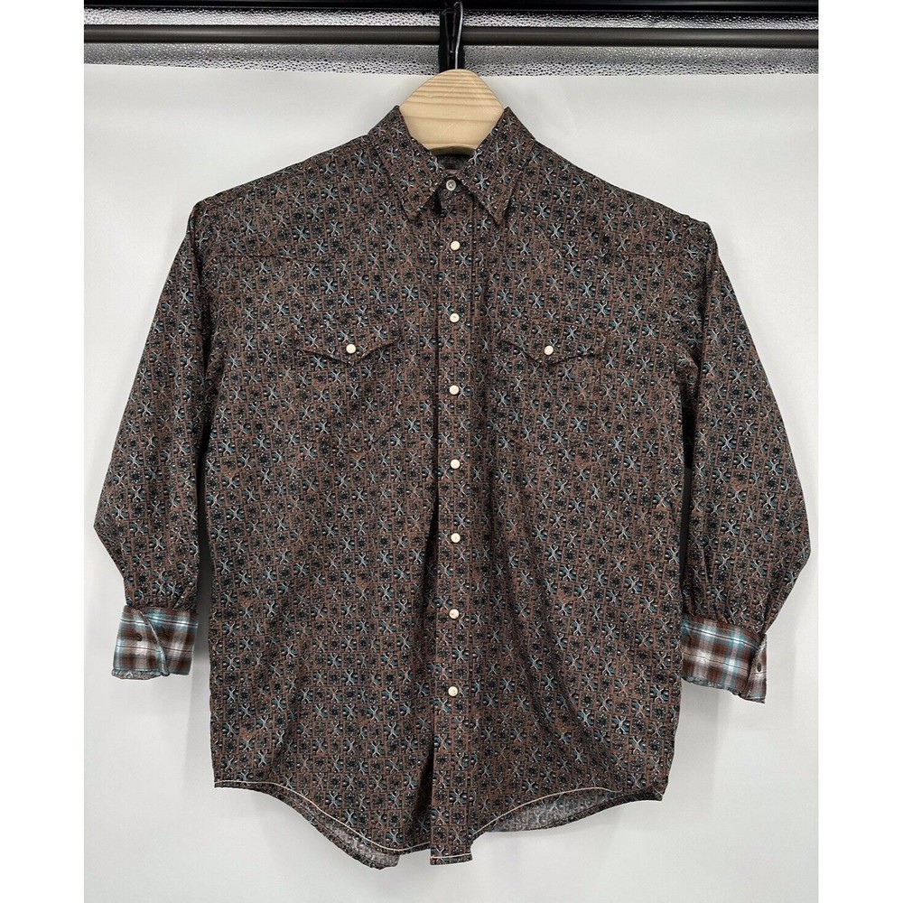 Panhandle Western Shirt Men's L Rough Stock Pearl Snap Teal aztec Flip Cuff